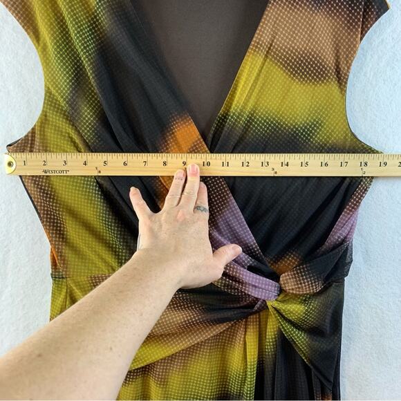 London Times Psychedelic Midi Dress Sz 14 Retro Disco Cyber Faux Wrap Office - Picture 11 of 16